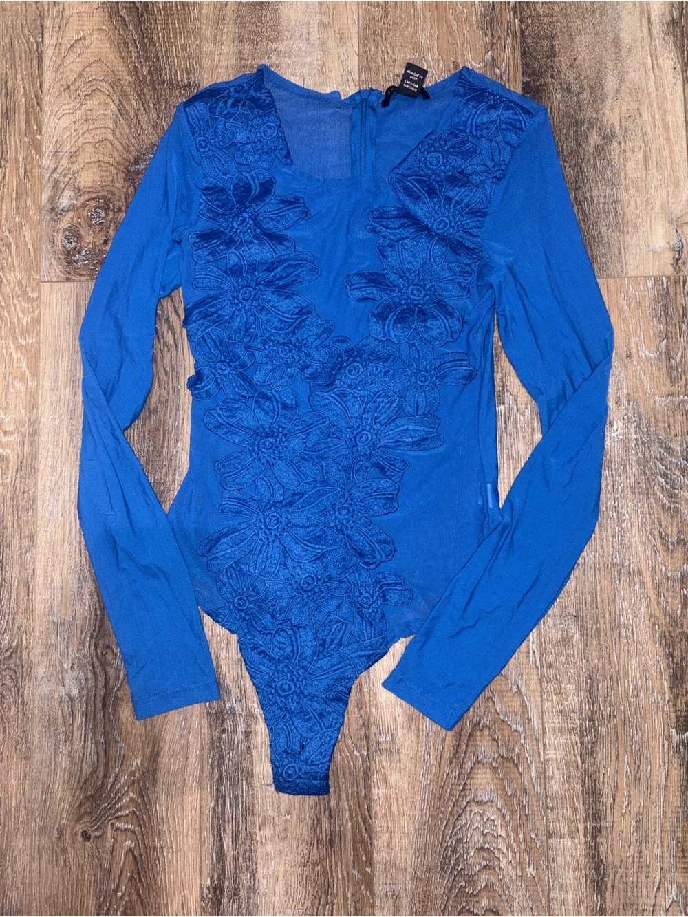 Revamped Royal Blue Floral Lace Long-Sleeve Bodysuit